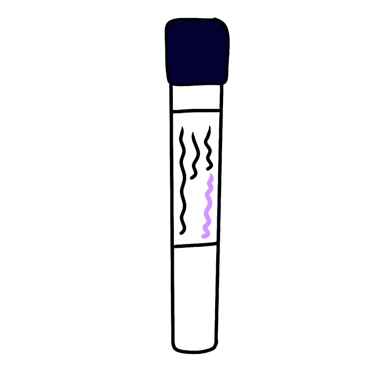 A navy blue topped blood collection tube. The tube is cylindrical with a navy blue plastic cap and a transparent body. The body of the collection tube has a white label on it with a lavender line on it